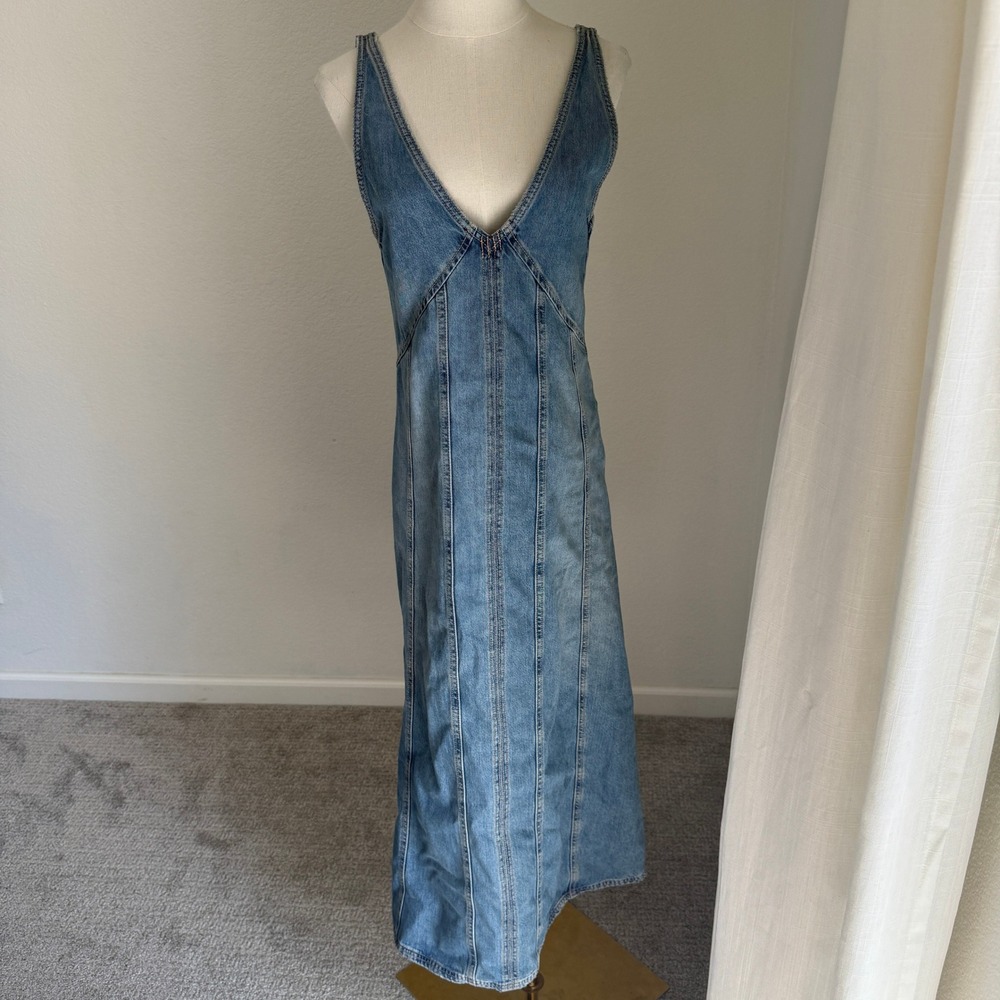 Zara Blue Denim V-Neck Maxi Pinafore Dress Sleeveless XS Minimal Western Utility